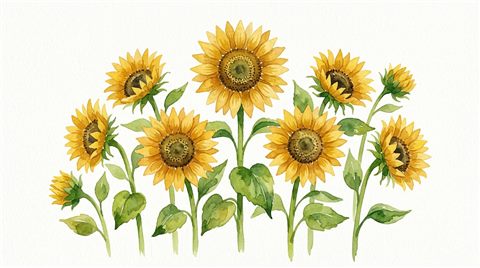Watercolor illustration on a plain white background of sunflowers, simple icon-like composition, warm golden light, calm mood, 16:9 aspect ratio