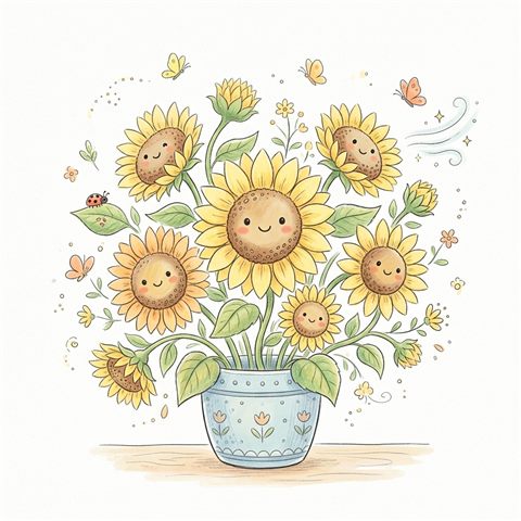 Cute hand-drawn illustration on a plain white background of sunflowers, cheerful scene with gentle details, soft pastel colors, bright and cozy, 1:1 aspect ratio