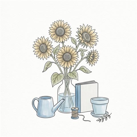 Simple line art with soft colors on a plain white background of sunflowers, small set of several items arranged neatly, cool blue tones, quiet atmosphere, 1:1 aspect ratio