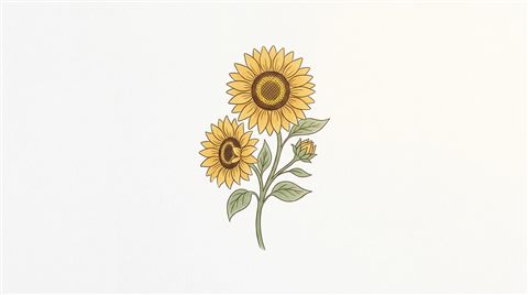 Simple line art with soft colors on a plain white background of sunflowers, isolated single subject, centered, warm golden light, calm mood, 16:9 aspect ratio