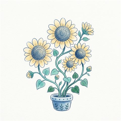 Cute hand-drawn illustration on a plain white background of sunflowers, simple icon-like composition, cool blue tones, quiet atmosphere, 1:1 aspect ratio
