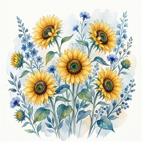 Watercolor illustration on a plain white background of sunflowers, cheerful scene with gentle details, cool blue tones, quiet atmosphere, 1:1 aspect ratio
