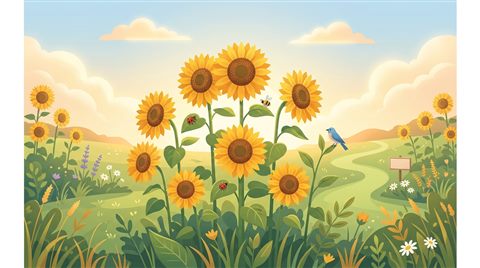 Flat vector illustration on a plain white background of sunflowers, cheerful scene with gentle details, warm golden light, calm mood, 16:9 aspect ratio