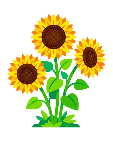 Flat vector illustration on a plain white background of sunflowers, simple icon-like composition, vivid colors, high contrast, energetic, 4:5 aspect ratio