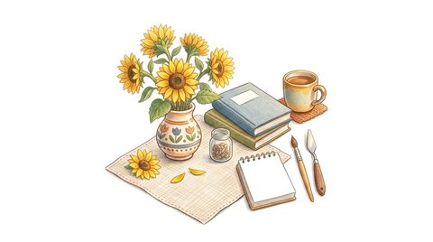 Cute hand-drawn illustration on a plain white background of sunflowers, small set of several items arranged neatly, warm golden light, calm mood, 16:9 aspect ratio