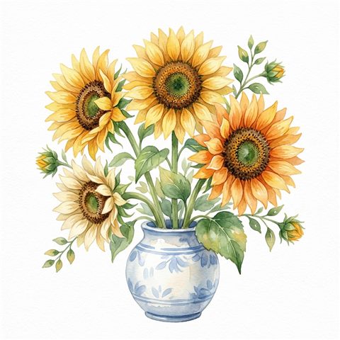 Watercolor illustration on a plain white background of sunflowers, isolated single subject, centered, soft pastel colors, bright and cozy, 1:1 aspect ratio