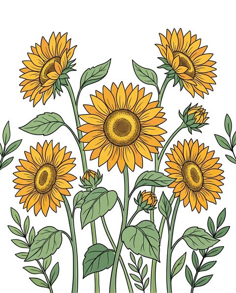 Simple line art with soft colors on a plain white background of sunflowers, cheerful scene with gentle details, vivid colors, high contrast, energetic, 4:5 aspect ratio