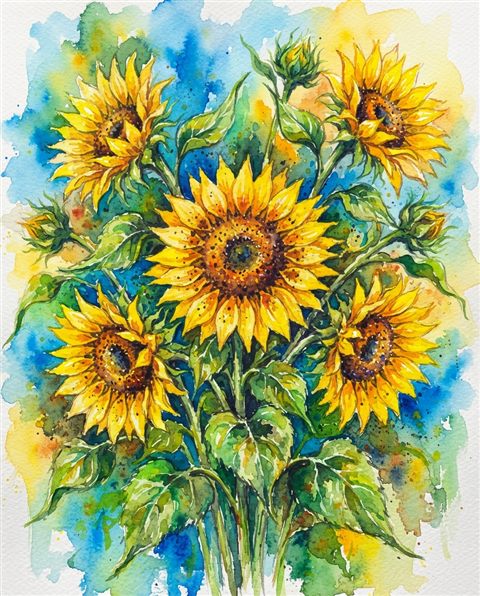 Watercolor illustration of sunflowers, centered subject with a simple uncluttered composition, vivid colors, high contrast, energetic, 4:5 aspect ratio