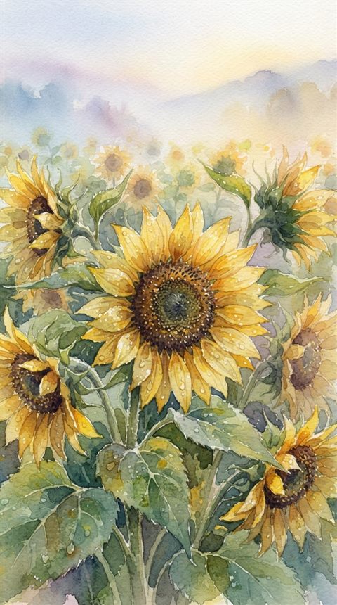 Watercolor illustration of sunflowers, close-up detail with shallow depth of field, misty morning haze, dreamy, 9:16 aspect ratio