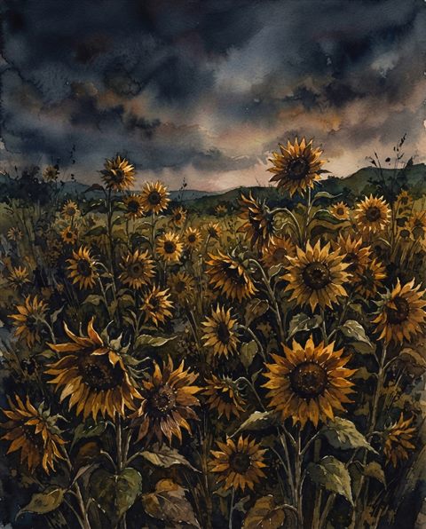 Watercolor illustration of sunflowers, wide shot with open space at the top for text, moody dark tones, dramatic lighting, 4:5 aspect ratio