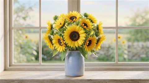 Photorealistic photo of sunflowers, centered subject with a simple uncluttered composition, soft pastel colors, bright and cozy, 16:9 aspect ratio