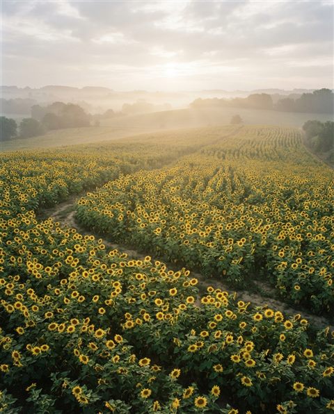 Cinematic film still of sunflowers, high-angle view from above, misty morning haze, dreamy, 4:5 aspect ratio