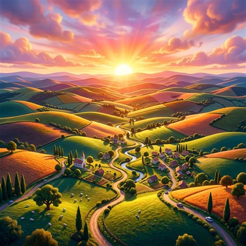 Soft 3d render of sunrise over rolling hills, high-angle view from above, vivid colors, high contrast, energetic, 1:1 aspect ratio