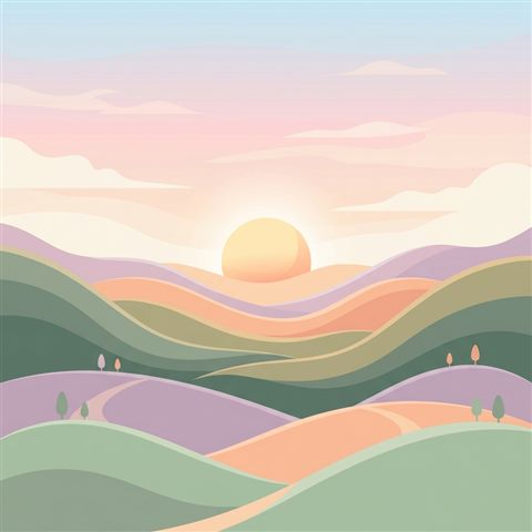 언덕 너머로 떠오르는 해, 미니멀 플랫 일러스트, 단순하고 깔끔한 구도 가운데 놓인 피사체, 부드러운 파스텔 색감, 밝고 포근한 분위기, 1:1 비율