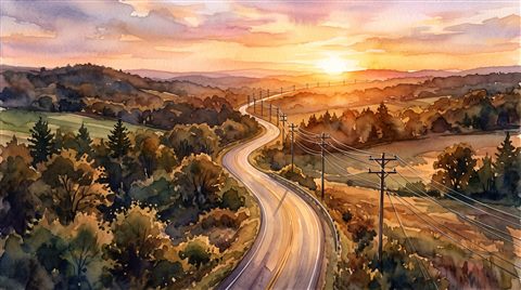 전깃줄이 있는 노을 진 빈 도로, 수채화 일러스트, 위에서 내려다본 구도, 따뜻한 황금빛, 차분한 분위기, 16:9 비율