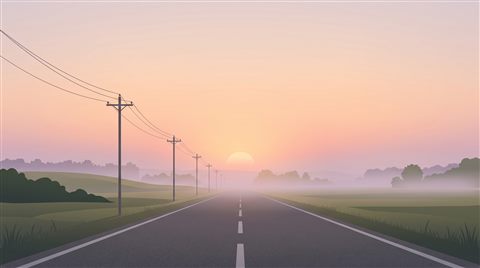 Minimal flat illustration of empty road at sunset with power lines, wide shot with open space at the top for text, misty morning haze, dreamy, 16:9 aspect ratio