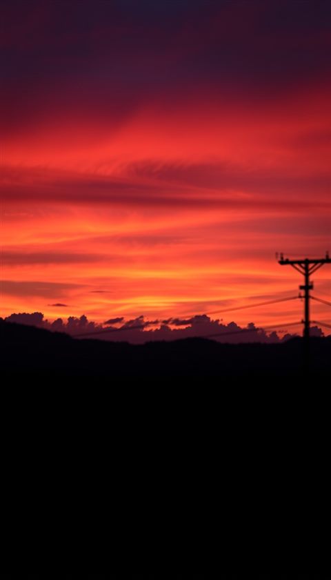 Photorealistic photo of A vibrant evening horizon with brilliant gradients of orange, pink, and purple clouds over a calm silhouette landscape., close-up detail with shallow depth of field, moody dark tones, dramatic lighting, 9:16 aspect ratio