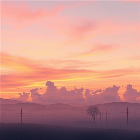 Soft 3D render of A vibrant evening horizon with brilliant gradients of orange, pink, and purple clouds over a calm silhouette landscape., wide shot with open space at the top for text, misty morning haze, dreamy, 1:1 aspect ratio