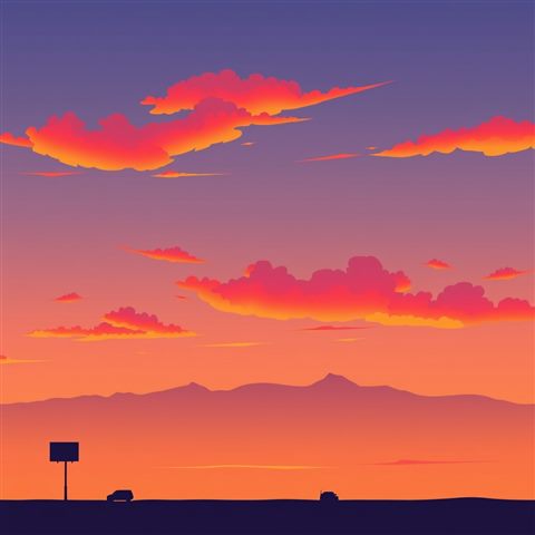 Minimal flat illustration of A vibrant evening horizon with brilliant gradients of orange, pink, and purple clouds over a calm silhouette landscape., wide shot with open space at the top for text, soft pastel colors, bright and cozy, 1:1 aspect ratio