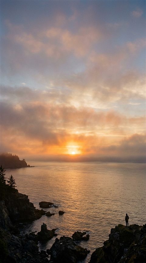 Cinematic film still of sunset over the sea, wide shot with open space at the top for text, misty morning haze, dreamy, 9:16 aspect ratio