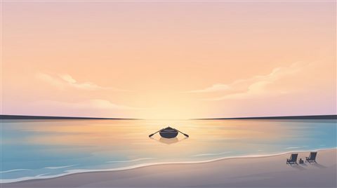 Minimal flat illustration of Realistic photo of a golden sunset over a calm ocean viewed from eye level, with empty sky space on top for text, horizontal landscape format, centered subject with a simple uncluttered composition, soft pastel colors, bright and cozy, 16:9 aspect ratio