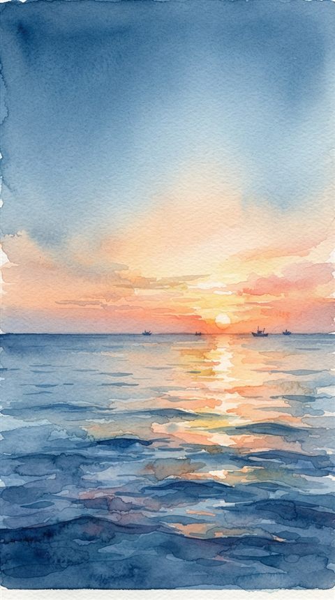 Watercolor illustration of Realistic photo of a golden sunset over a calm ocean viewed from eye level, with empty sky space on top for text, horizontal landscape format, close-up detail with shallow depth of field, cool blue tones, quiet atmosphere, 9:16 aspect ratio