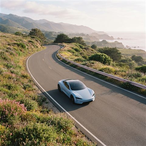 Photorealistic photo of sleek generic sports car on an empty road, no brand badges, high-angle view from above, soft pastel colors, bright and cozy, 1:1 aspect ratio