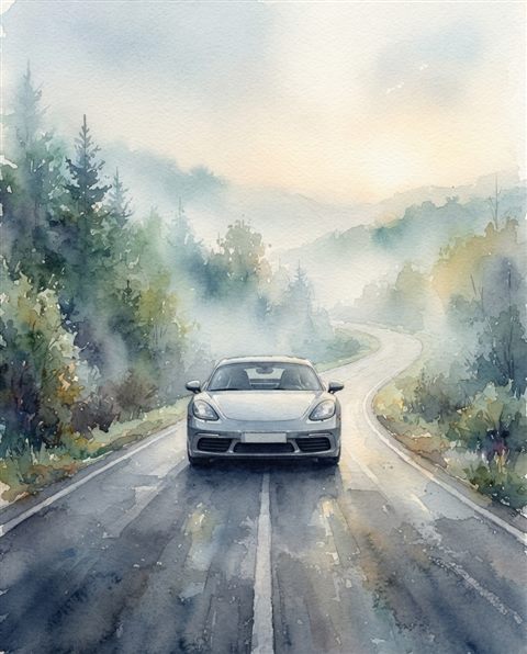 Watercolor illustration of sleek generic sports car on an empty road, no brand badges, centered subject with a simple uncluttered composition, misty morning haze, dreamy, 4:5 aspect ratio