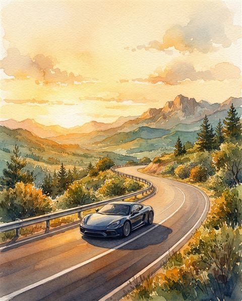 Watercolor illustration of sleek generic sports car on an empty road, no brand badges, wide shot with open space at the top for text, warm golden light, calm mood, 4:5 aspect ratio