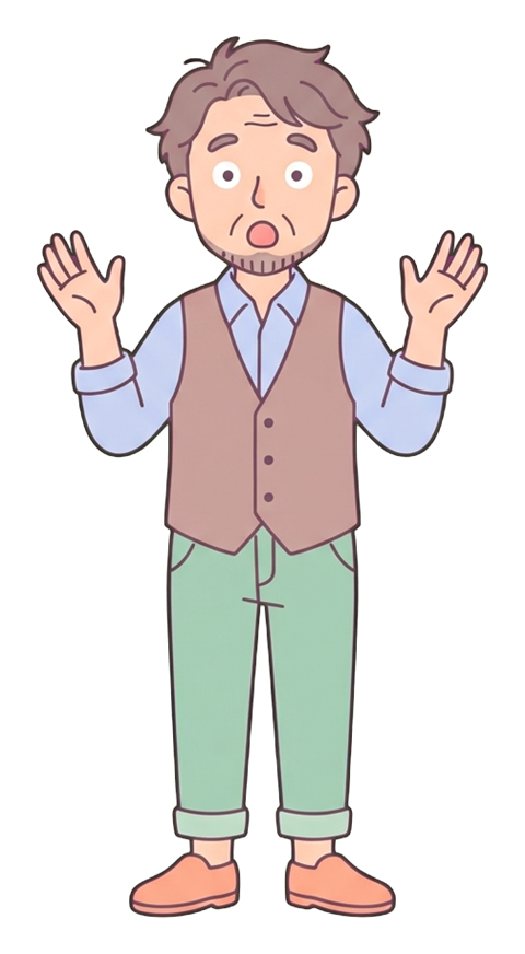 눈을 크게 뜨고 입을 벌린 놀란 사람, 중년 남성, 귀여운 플랫 만화 일러스트, 투명 배경(누끼) PNG