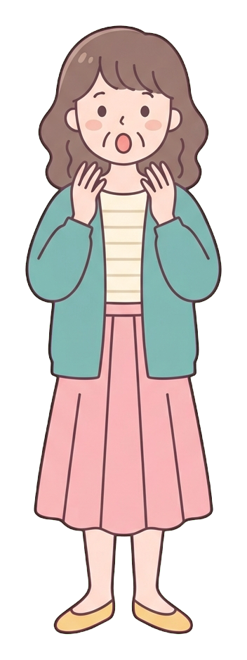 눈을 크게 뜨고 입을 벌린 놀란 사람, 중년 여성, 귀여운 플랫 만화 일러스트, 투명 배경(누끼) PNG