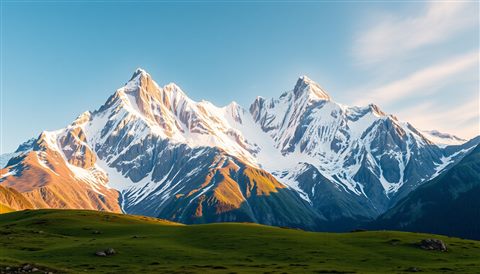 Photorealistic photo of Snow-capped jagged mountain peaks of the Swiss Alps towering over a green alpine meadow, centered subject with a simple uncluttered composition, warm golden light, calm mood, 16:9 aspect ratio