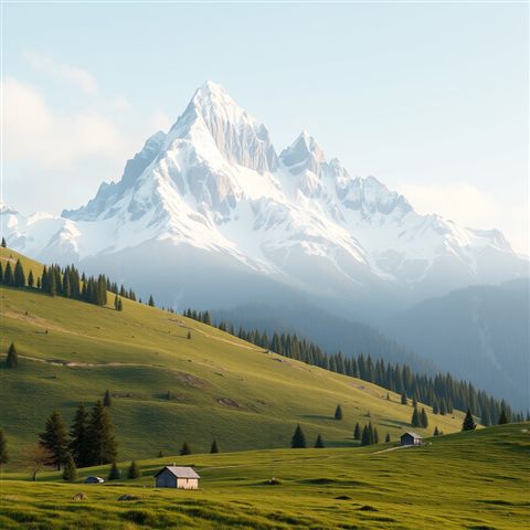 Soft 3D render of Snow-capped jagged mountain peaks of the Swiss Alps towering over a green alpine meadow, wide shot with open space at the top for text, misty morning haze, dreamy, 1:1 aspect ratio