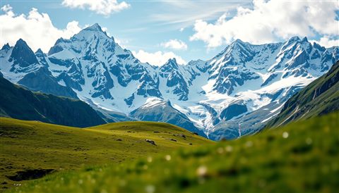 Cinematic film still of Snow-capped jagged mountain peaks of the Swiss Alps towering over a green alpine meadow, close-up detail with shallow depth of field, vivid colors, high contrast, energetic, 16:9 aspect ratio