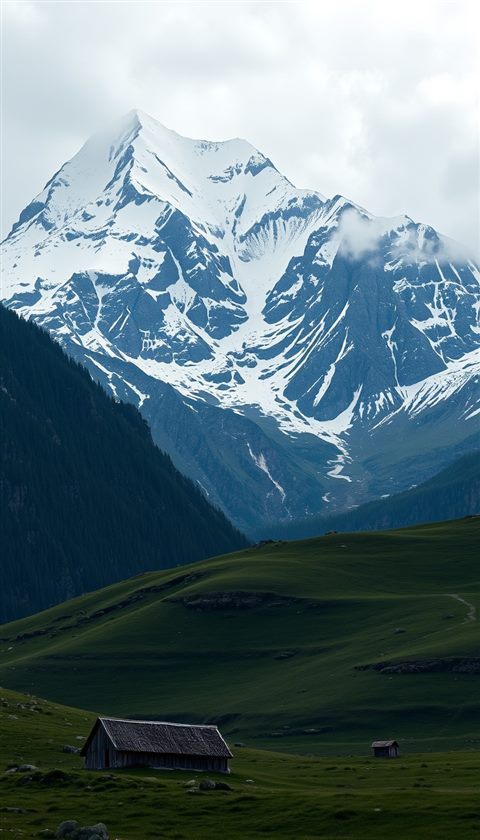 Photorealistic photo of Snow-capped jagged mountain peaks of the Swiss Alps towering over a green alpine meadow, close-up detail with shallow depth of field, moody dark tones, dramatic lighting, 9:16 aspect ratio