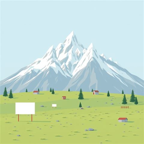 Minimal flat illustration of Snow-capped jagged mountain peaks of the Swiss Alps towering over a green alpine meadow, wide shot with open space at the top for text, soft pastel colors, bright and cozy, 1:1 aspect ratio