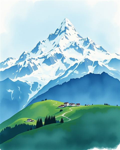 Watercolor illustration of Snow-capped jagged mountain peaks of the Swiss Alps towering over a green alpine meadow, high-angle view from above, cool blue tones, quiet atmosphere, 4:5 aspect ratio