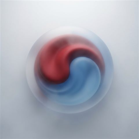 Soft 3D render of an abstract red and blue taegeuk swirl design on a clean background, high-angle view from above, misty morning haze, dreamy, 1:1 aspect ratio
