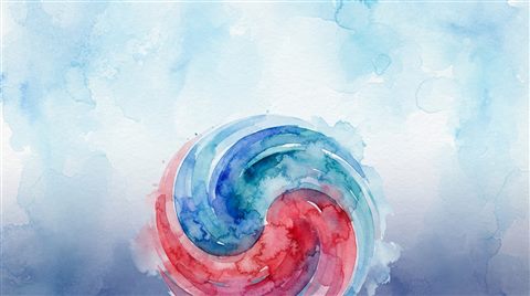 Watercolor illustration of an abstract red and blue taegeuk swirl design on a clean background, wide shot with open space at the top for text, cool blue tones, quiet atmosphere, 16:9 aspect ratio