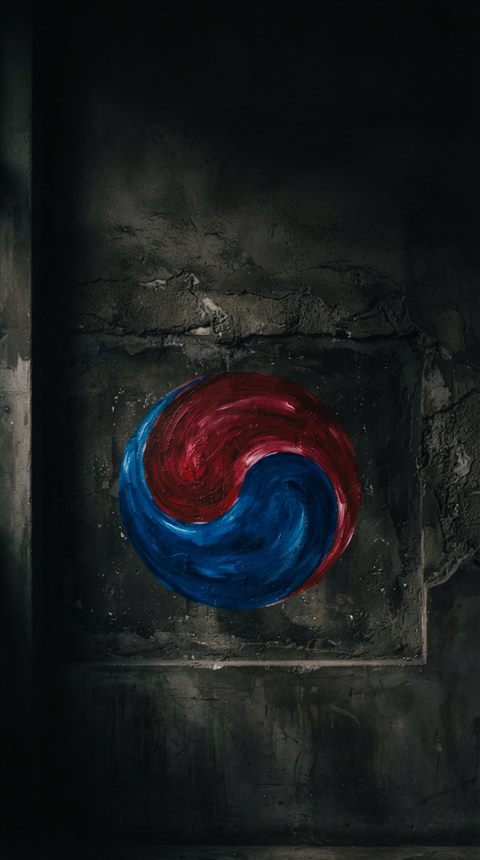 Photorealistic photo of an abstract red and blue taegeuk swirl design on a clean background, wide shot with open space at the top for text, moody dark tones, dramatic lighting, 9:16 aspect ratio