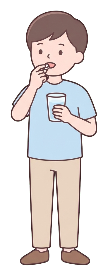 Simple cute flat cartoon illustration with soft pastel colors and thin clean dark outlines of a young man, person taking a pill with a glass of water, transparent background PNG