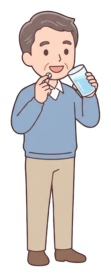 Simple cute flat cartoon illustration with soft pastel colors and thin clean dark outlines of a middle-aged man, person taking a pill with a glass of water, transparent background PNG