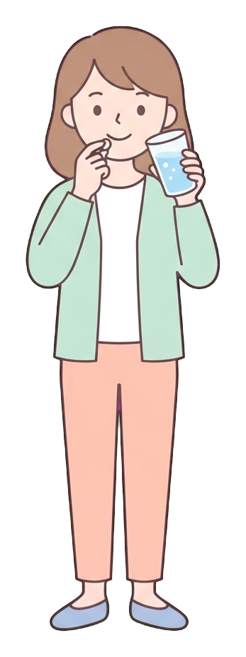 Simple cute flat cartoon illustration with soft pastel colors and thin clean dark outlines of a young woman, person taking a pill with a glass of water, transparent background PNG