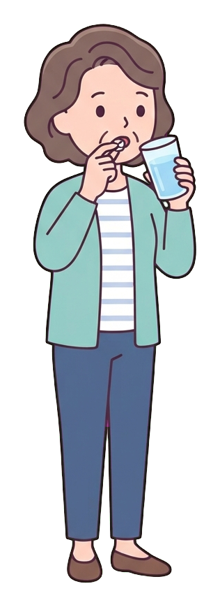 Simple cute flat cartoon illustration with soft pastel colors and thin clean dark outlines of a middle-aged woman, person taking a pill with a glass of water, transparent background PNG