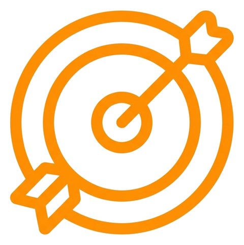 Rounded line icon, thick orange outline of a target with an arrow in the center icon, transparent background PNG