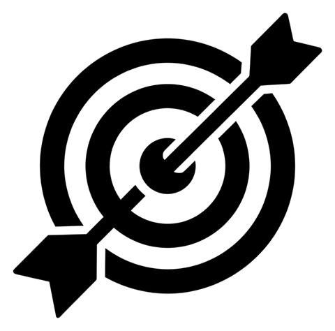 Bold black glyph icon, solid filled silhouette of a target with an arrow in the center icon, transparent background PNG