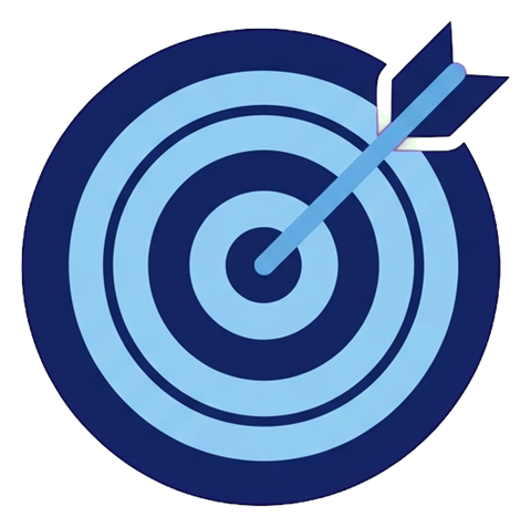 Duotone icon, navy blue and light blue of a target with an arrow in the center icon, transparent background PNG