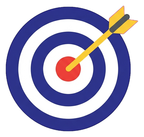 Flat color icon, bold solid colors of a target with an arrow in the center icon, transparent background PNG
