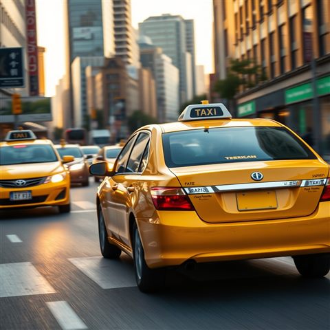 Photorealistic photo of A modern yellow taxi cab driving down a bustling city avenue with motion blur, centered subject with a simple uncluttered composition, warm golden light, calm mood, 1:1 aspect ratio