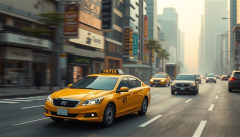 Soft 3D render of A modern yellow taxi cab driving down a bustling city avenue with motion blur, wide shot with open space at the top for text, misty morning haze, dreamy, 16:9 aspect ratio